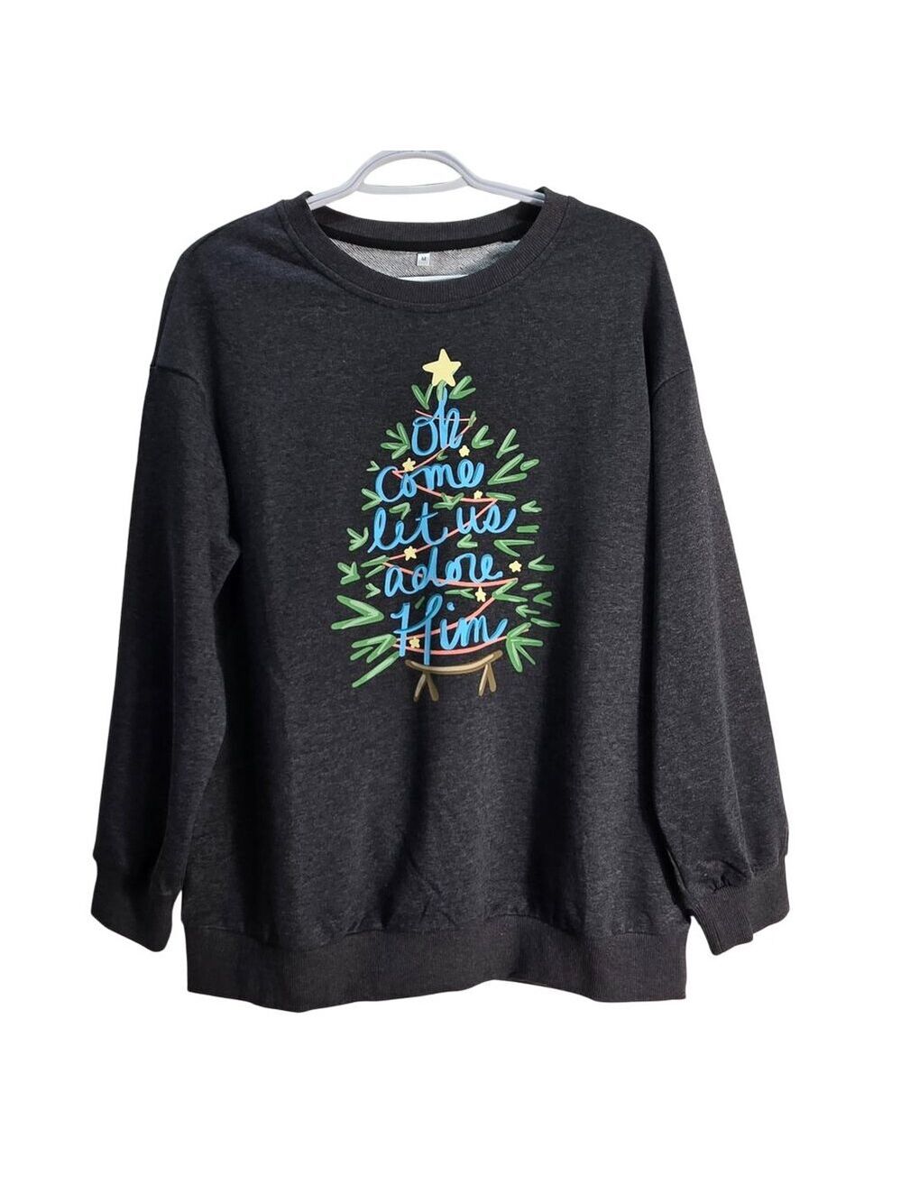 NWOT Gray "Oh Come Let Us Adore Him" Christmas Tree Graphic  Sweatshirt - Medium